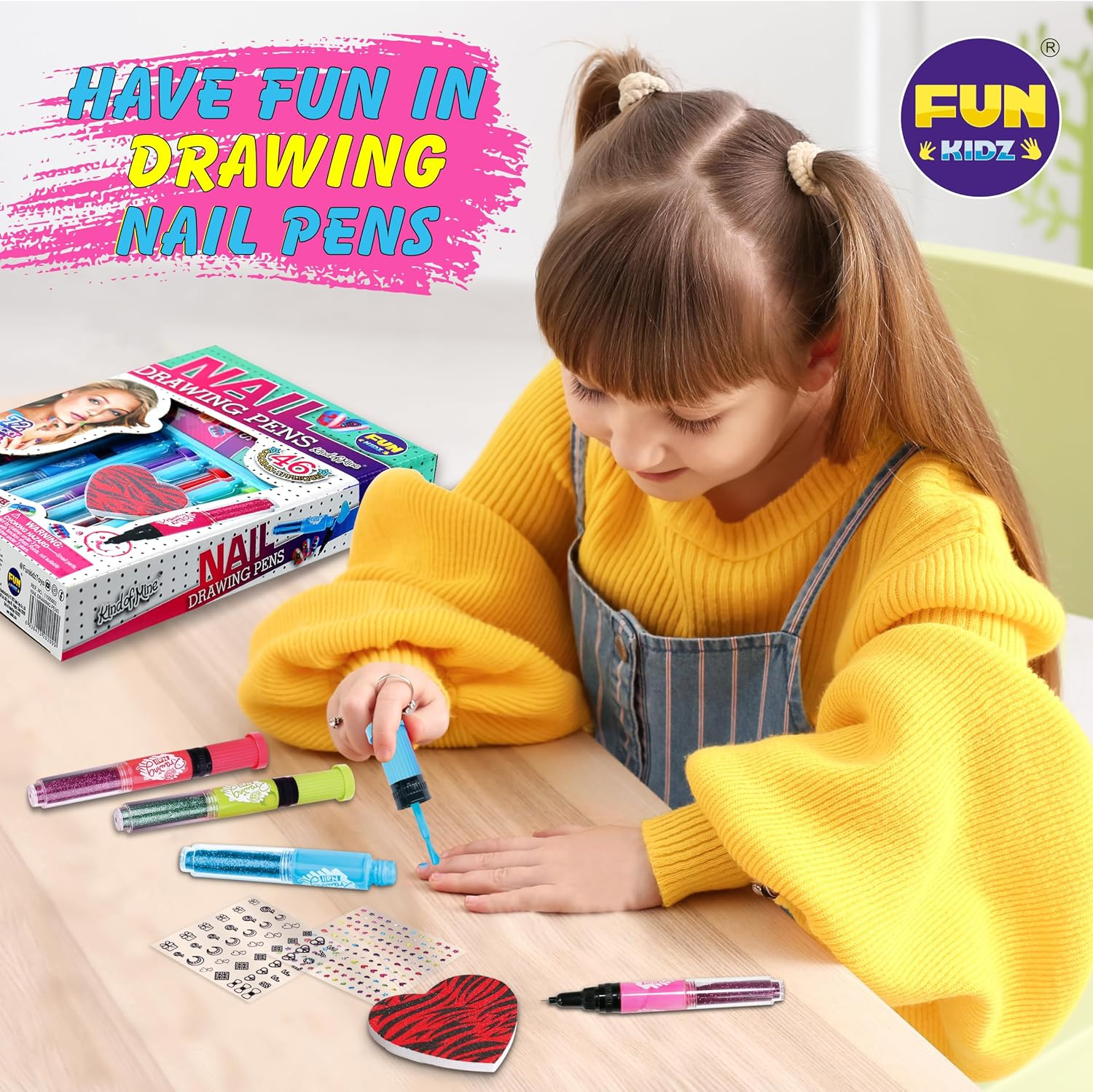 Craft Nail Pens Kit for Kids Ages 7-12, Funkidz Nail Set with Nail Polish Glitte