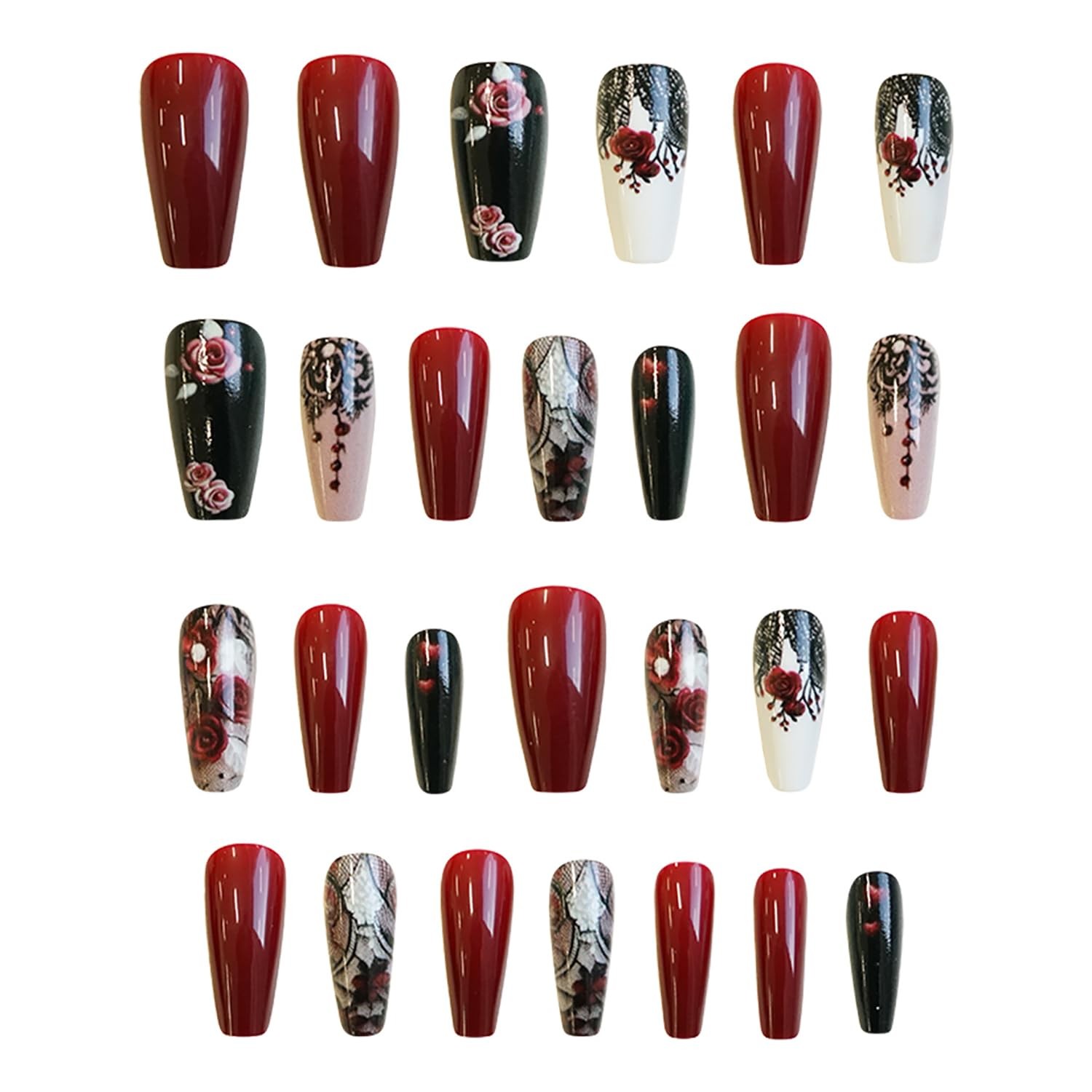 24Pcs Flower False Nails Red Press on Medium 1 Fl Oz (Pack of 1), Multi
