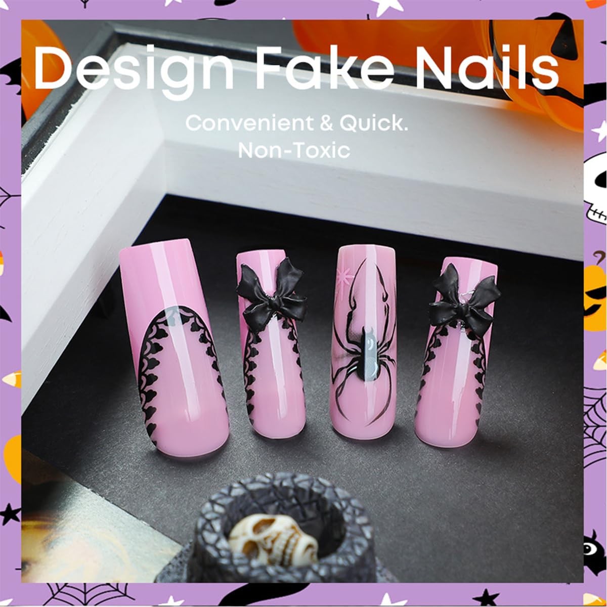 24Pcs Pink Halloween Nails Long Square Press 1 Ounce (Pack of 1), Multicolor
