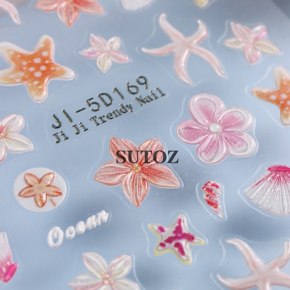 Summer 5D Embossed Ocean Nail Art Stickers Flower Starfish Seashell Coconut NH29