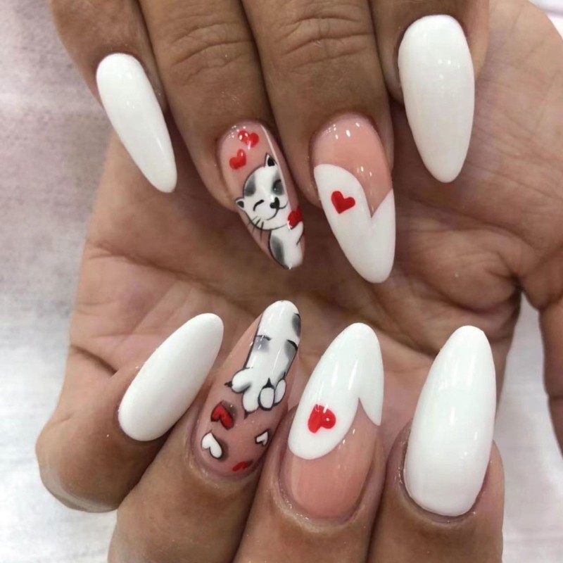 Lovely Cats False Nail Heart Artificial Nail Glossy Press On Nail for Woman