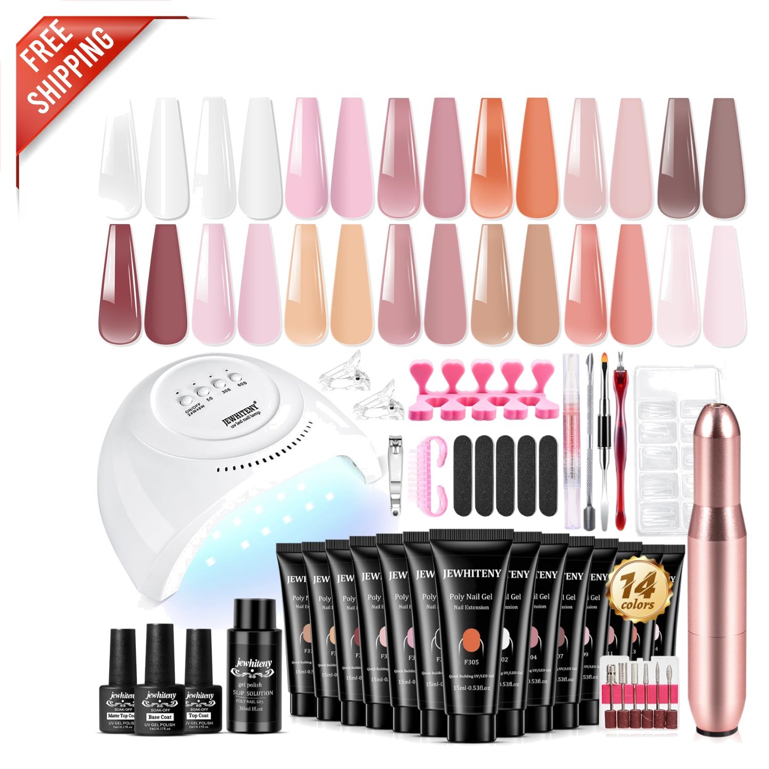 14-Piece Poly Gel Nail Extension Kit with Drill Machine & UV Light – All-in-One