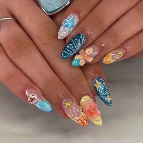 24Pcs Summer Ocean Press on Nails Blue Medium Almond Fake Nails with style08