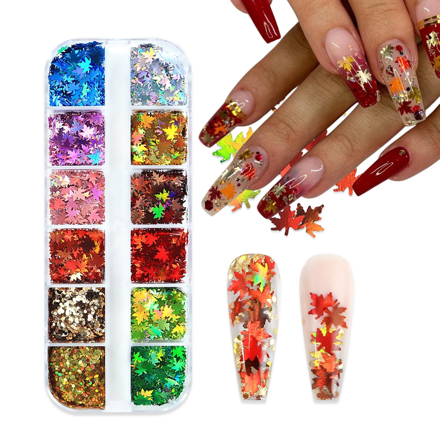 Fall Nail Art Glitter Sequins – Holographic Maple Leaf Flakes for Acrylic Nails