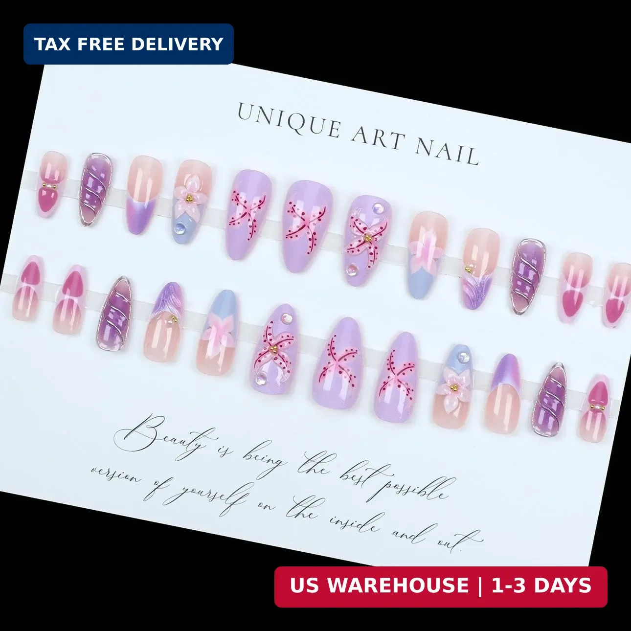LPOODDNU Purple Pink Press on Nails Almond – Medium 3D Embossed Flower Fake Nail