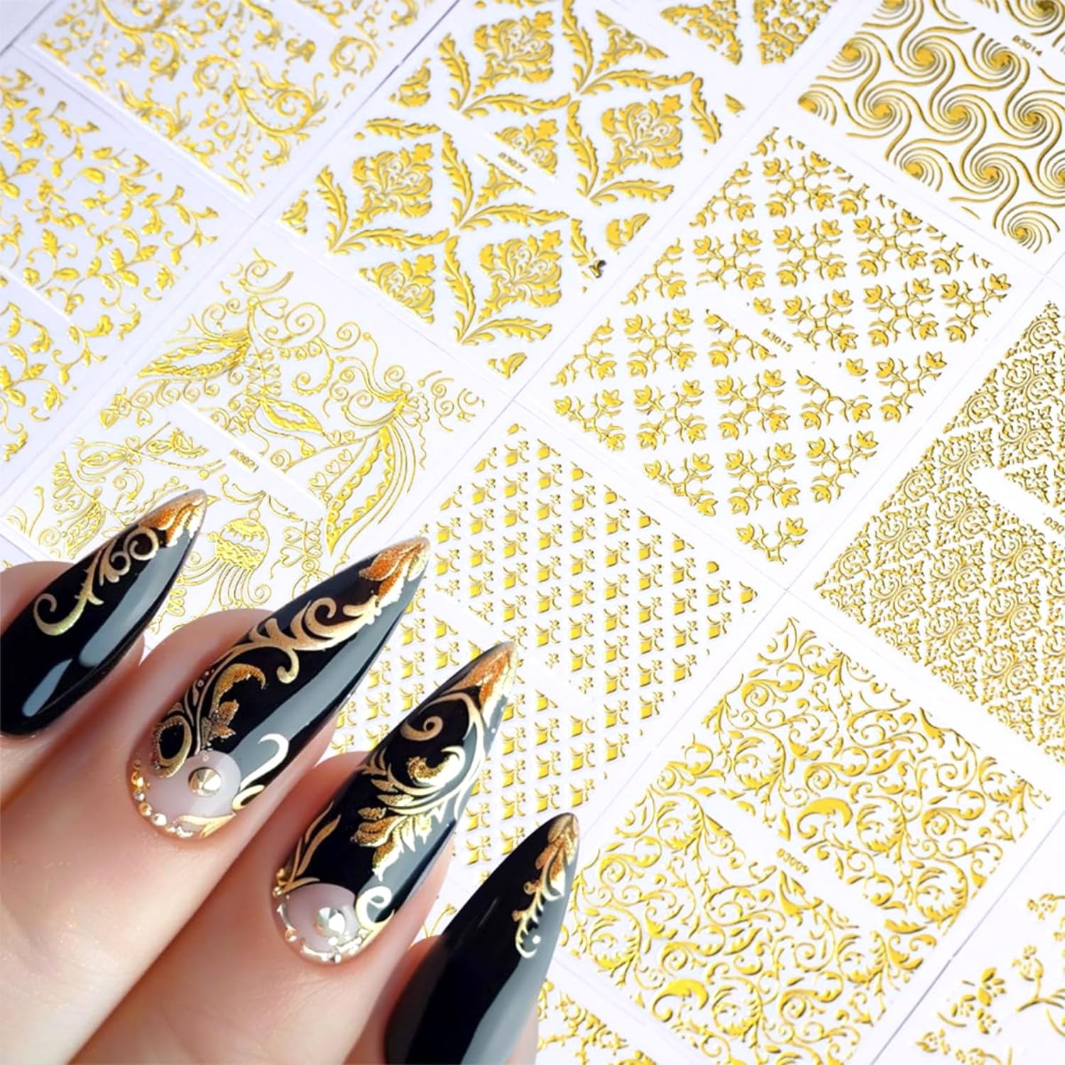 30 Nail Stickers,Gold Lace Flower Nail Art Stickers,3D -Adhesive Nail Decals,…