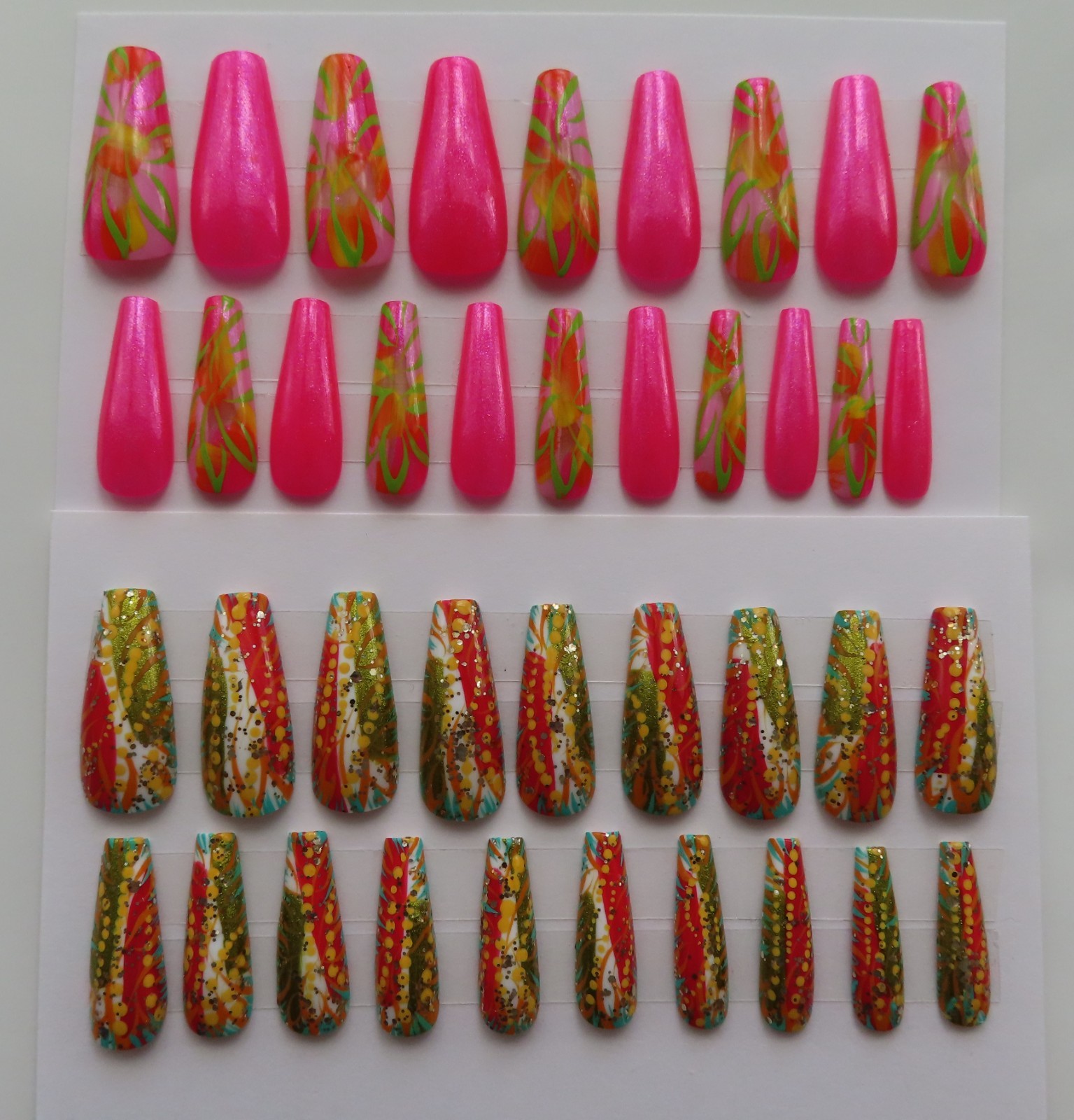 (2) Sets Clear Pink Lime | White Green Yellow Abstract Coffin Press-On Nails