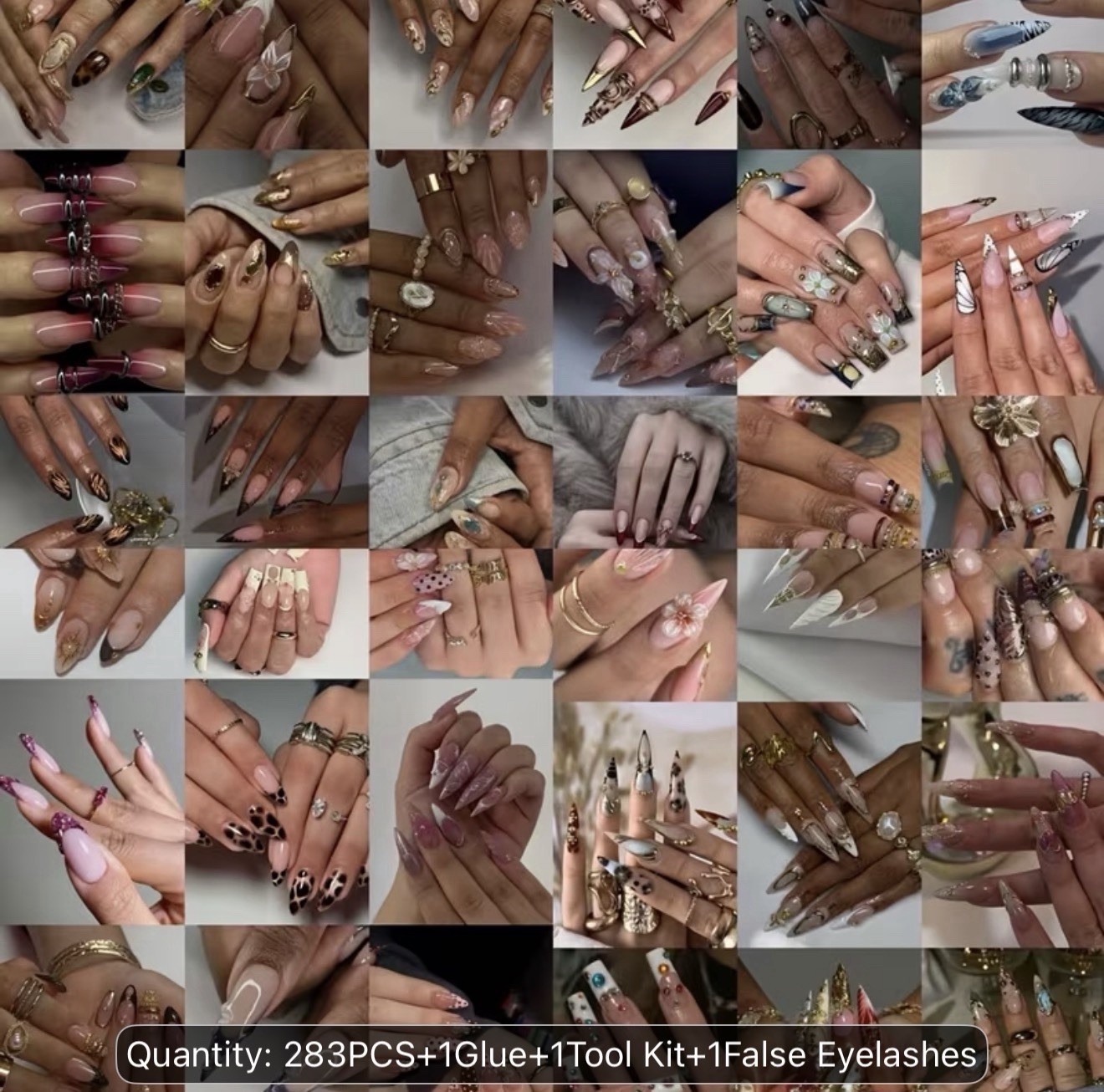283pcs12bags Almond Press On Nails, Elegant French Style with Rhinestones, Heart