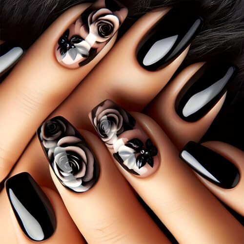 Rose Flower Press on Nails for DIY Manicure 24Pcs Glossy Black Rose Design 10