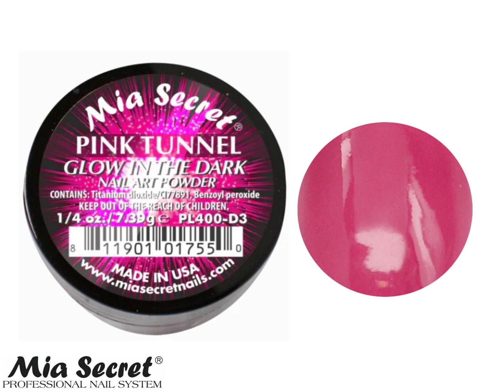 MIA SECRET Nail Art Powder 1/4oz-Pink Tunnel (GLOW IN THE DARK COLLECTION)