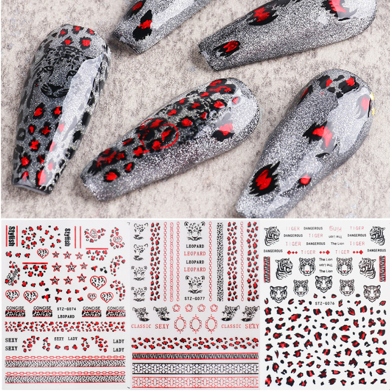 3D Nail Art Stickers Red Black Leopard Tiger Print Lace Heart Self-Adhesive NH23