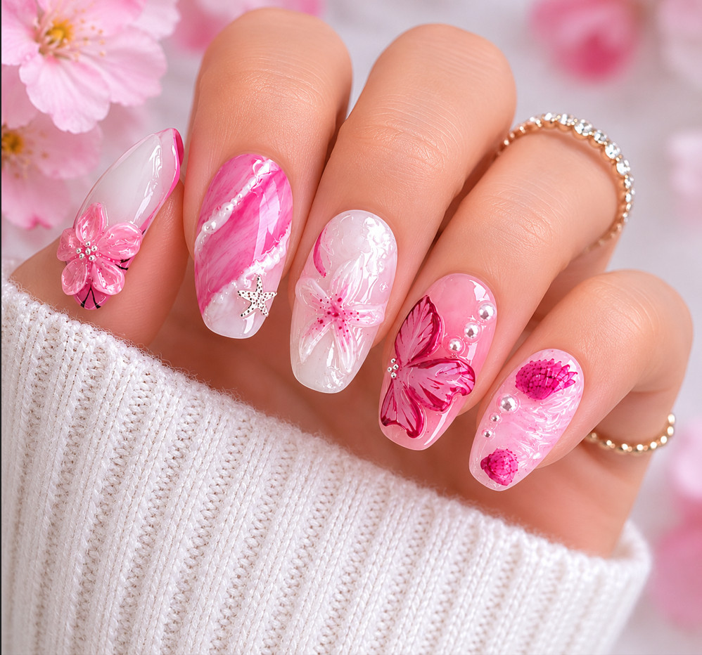 24Pcs Middle Length Pink White French Press On Nails 3D Pearl Almond
