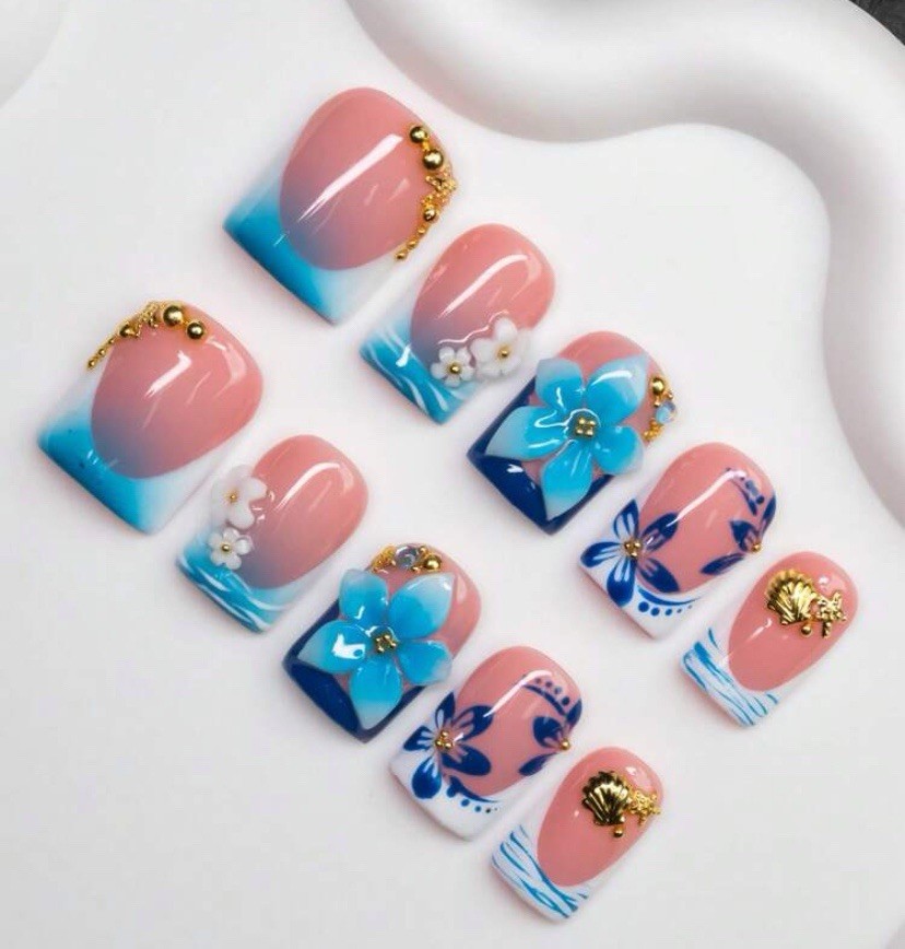 3D Flower Press-On Nails Short Square Full Cover Pink Gold Blue White Set
