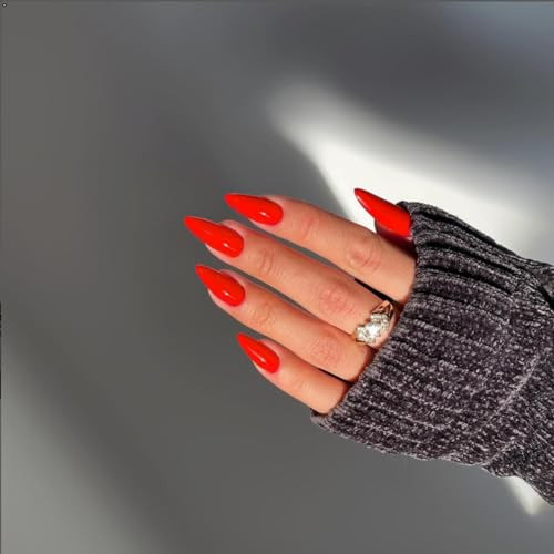 Light Red Press on Nails Medium Stiletto Almond, Glossy Press Glossy Vivid Red