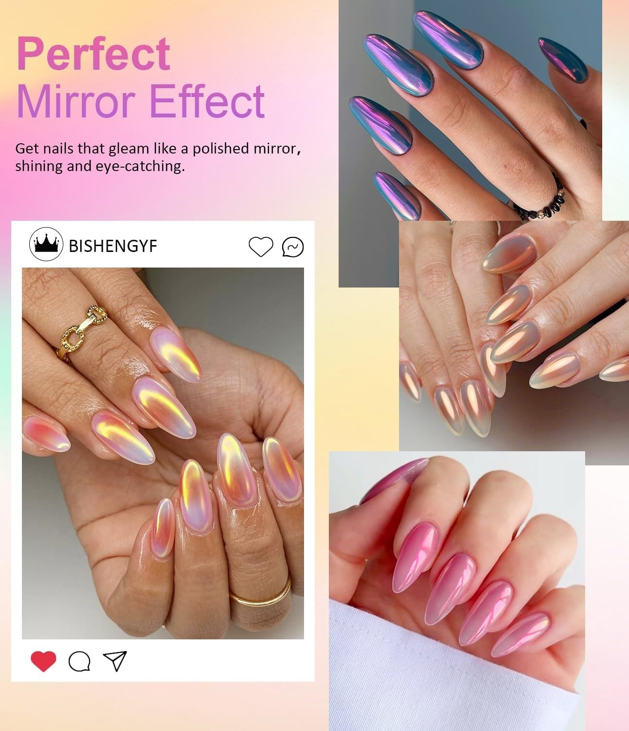 4-Piece Holographic Nail Powder Set with Pearlescent Shine for Glossy Nails