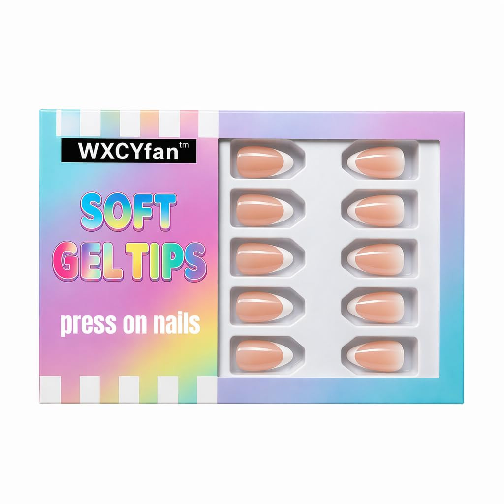 French Almond Press on Nails, Nude Soft Gel Fake Nails with White Tips, Easy App