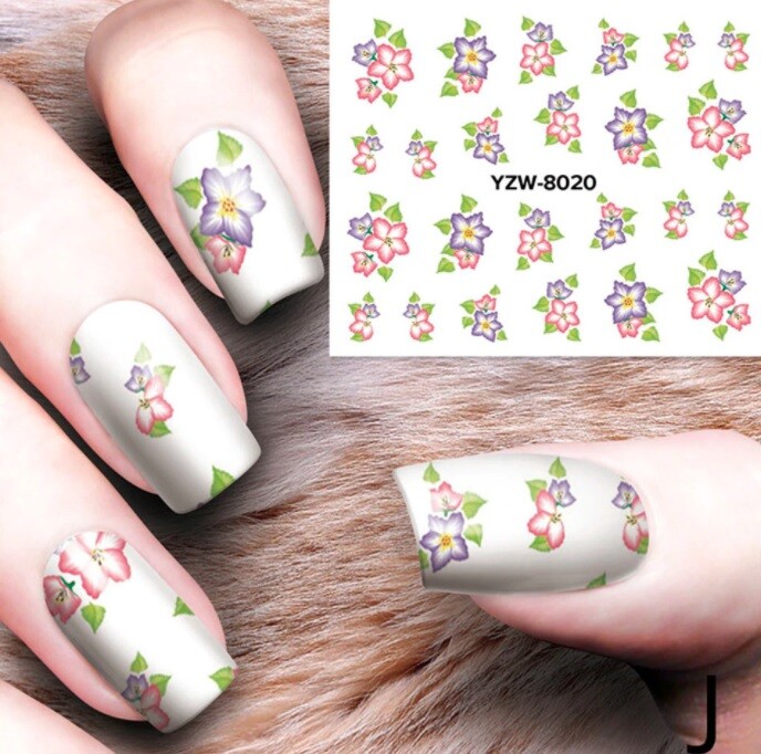 Pink Purple Flowers Nail Art Sticker Water Transfer Decal Decoration Manicure