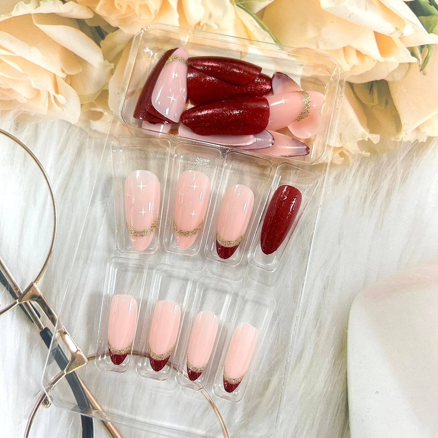 Press on Nails Tip Almond Medium Length, Artificial Fake Nails with Gold Sequ…