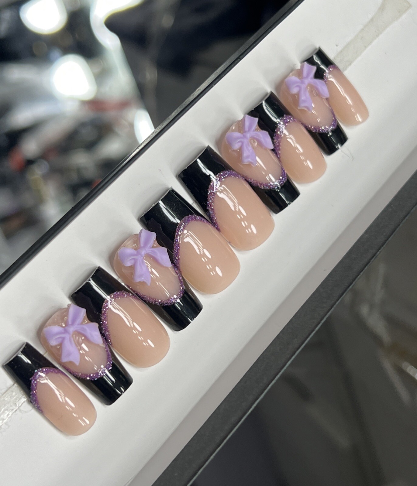 💜🖤 CUSTOM Press On Nails FRENCH BLACK PURPLE BOW BLING 10p SET W Kit