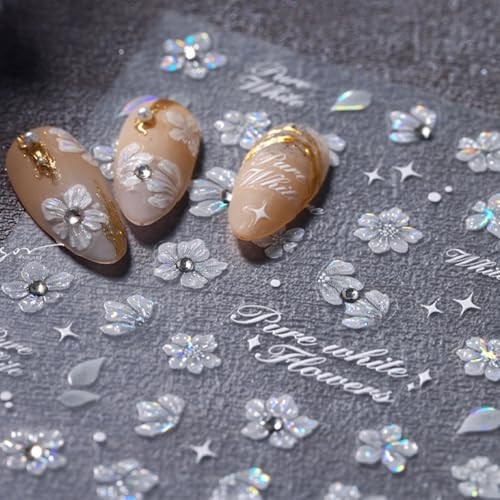 White Flower Nail Art Stickers Decals 5D Embossed Flower Nail Decals Style-6
