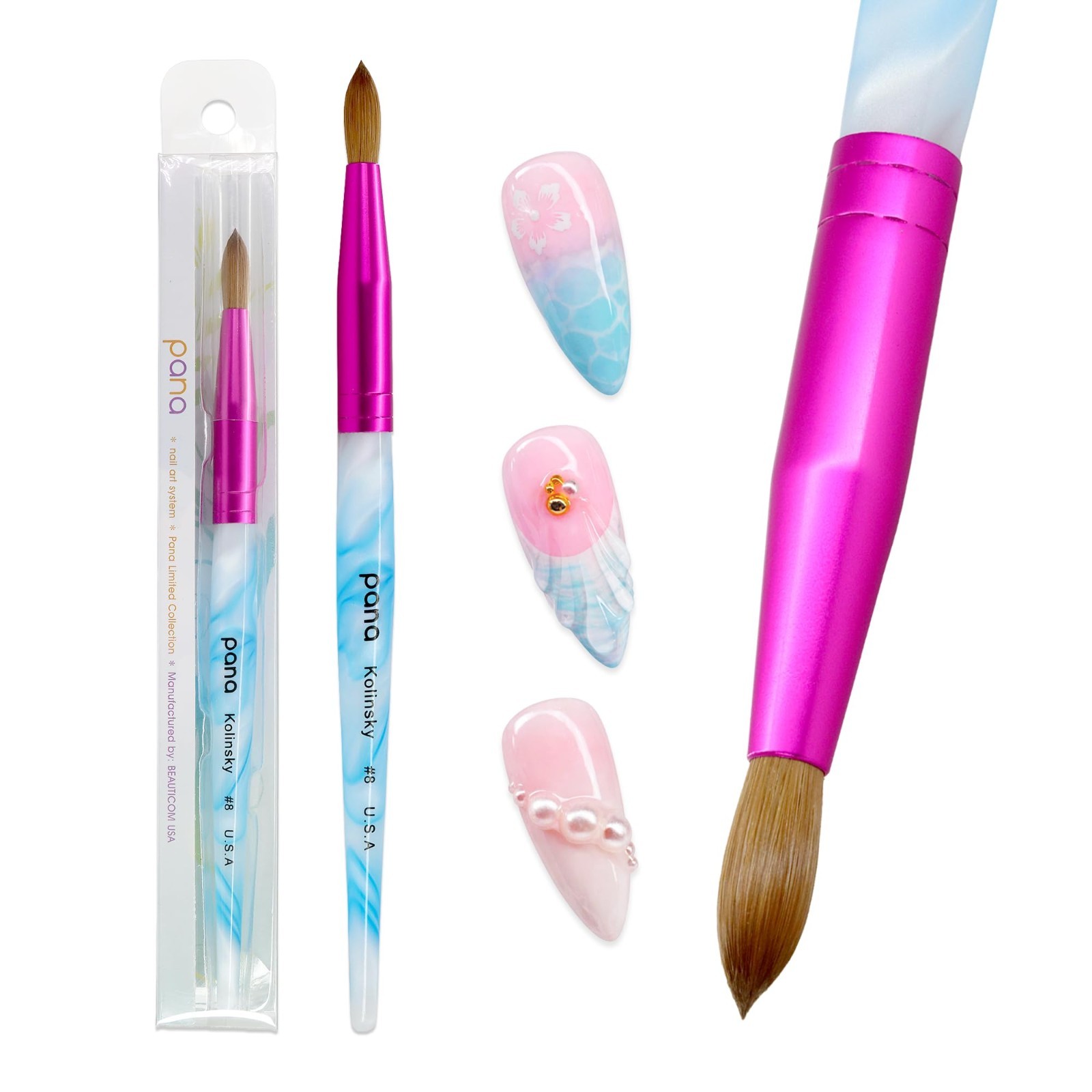 Acrylic Nail Brush Size 8 – Pure Kolinsky Hair, Round Shape, Blue Handle, Pink F