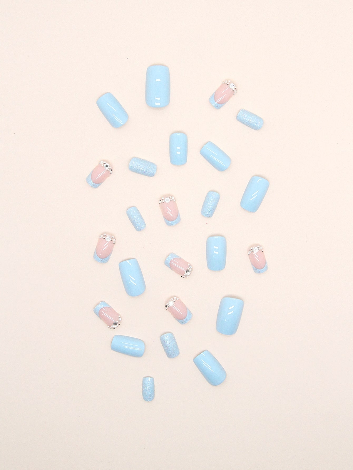 24pcs Short Square Sky Blue French Rhinestone Sequins Glitter Fake Nail