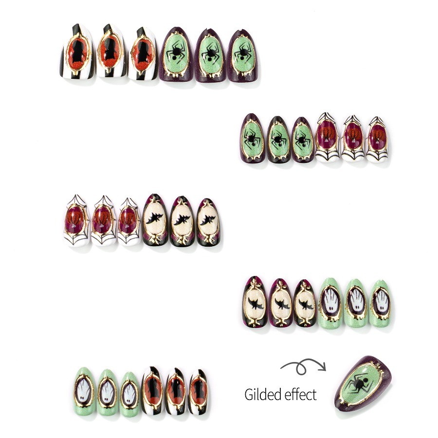 60Pcs-Medium Almond Vintage Halloween Ghost Bat Spider Pumpkin Press on Nails