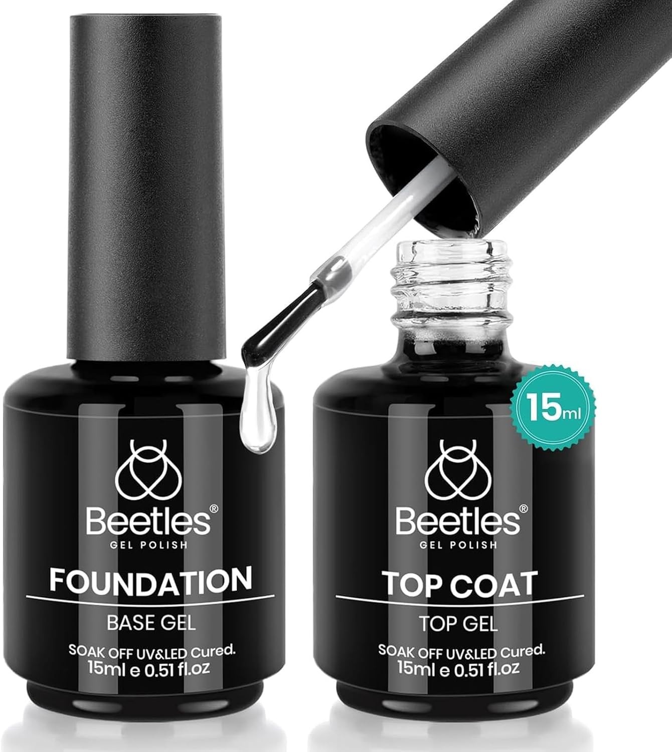 Beetles 2 Pcs 15ml No Wipe Gel Top Coat and Base Coat Set | Long Lasting Soak Of