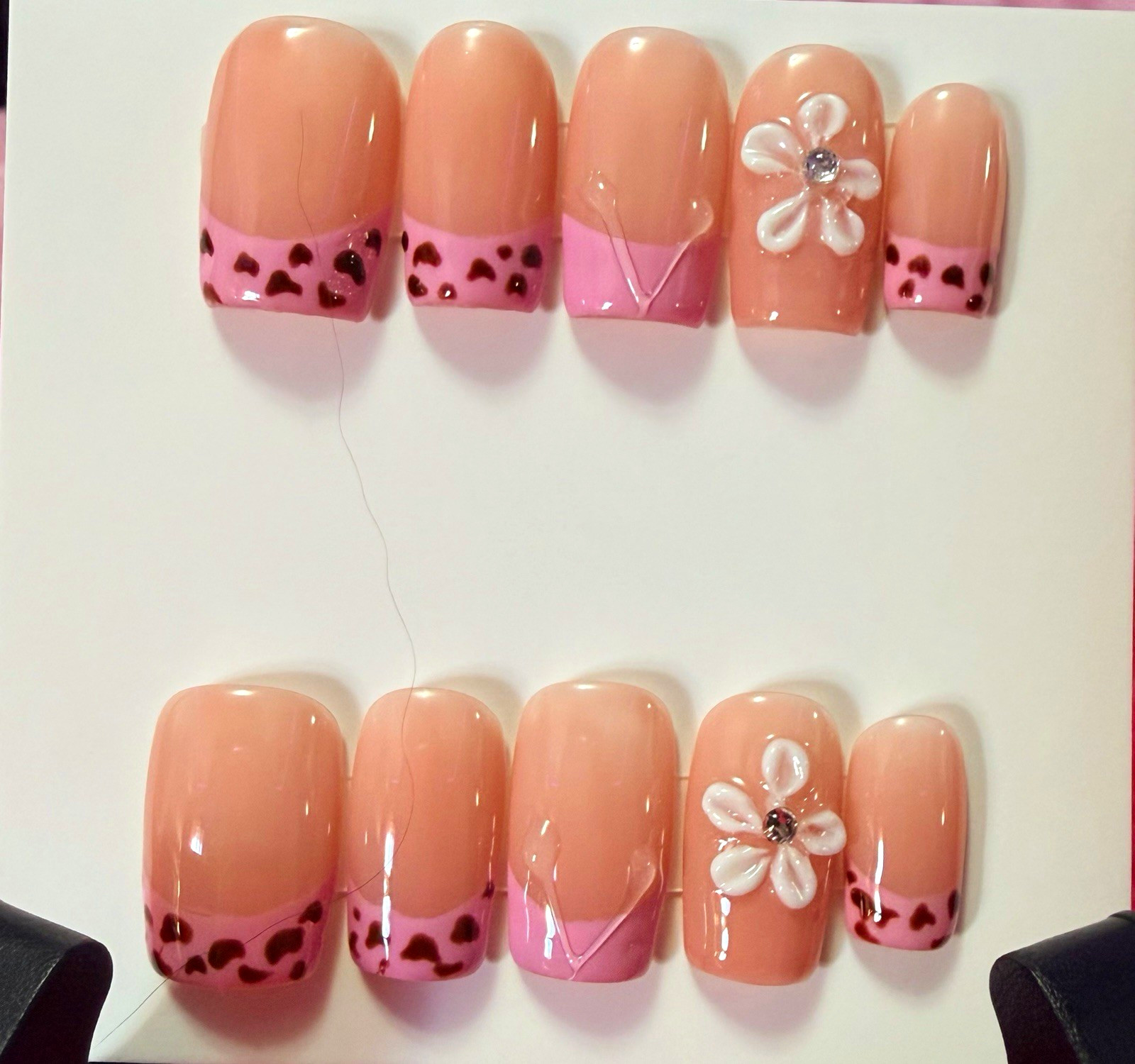 Pink/Nude Leopard French Tip Square Press-On Nails, Short Acrylic 3D Flower