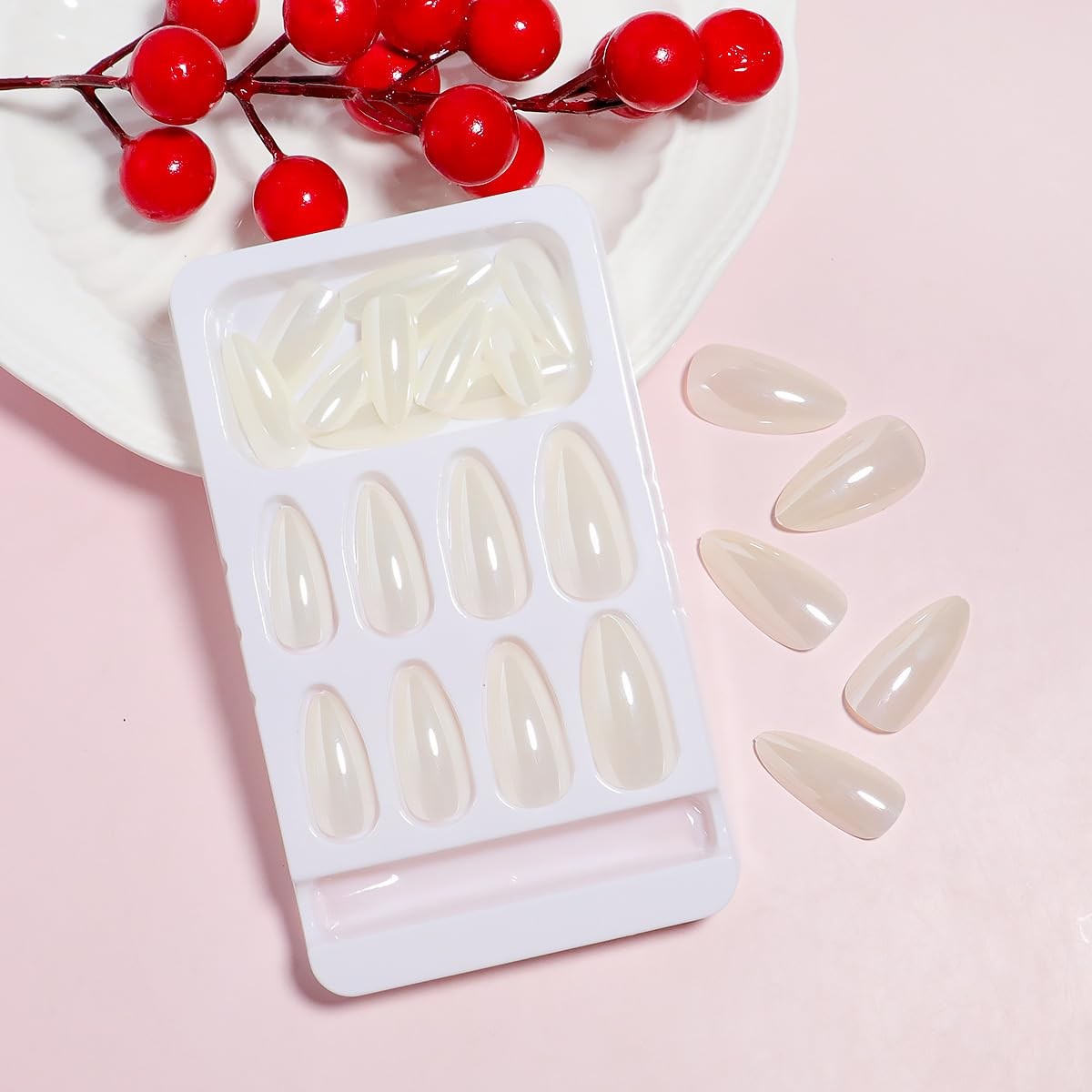 White Chrome Press on Nails Medium Almond Fake Mirror Medium, Style-18