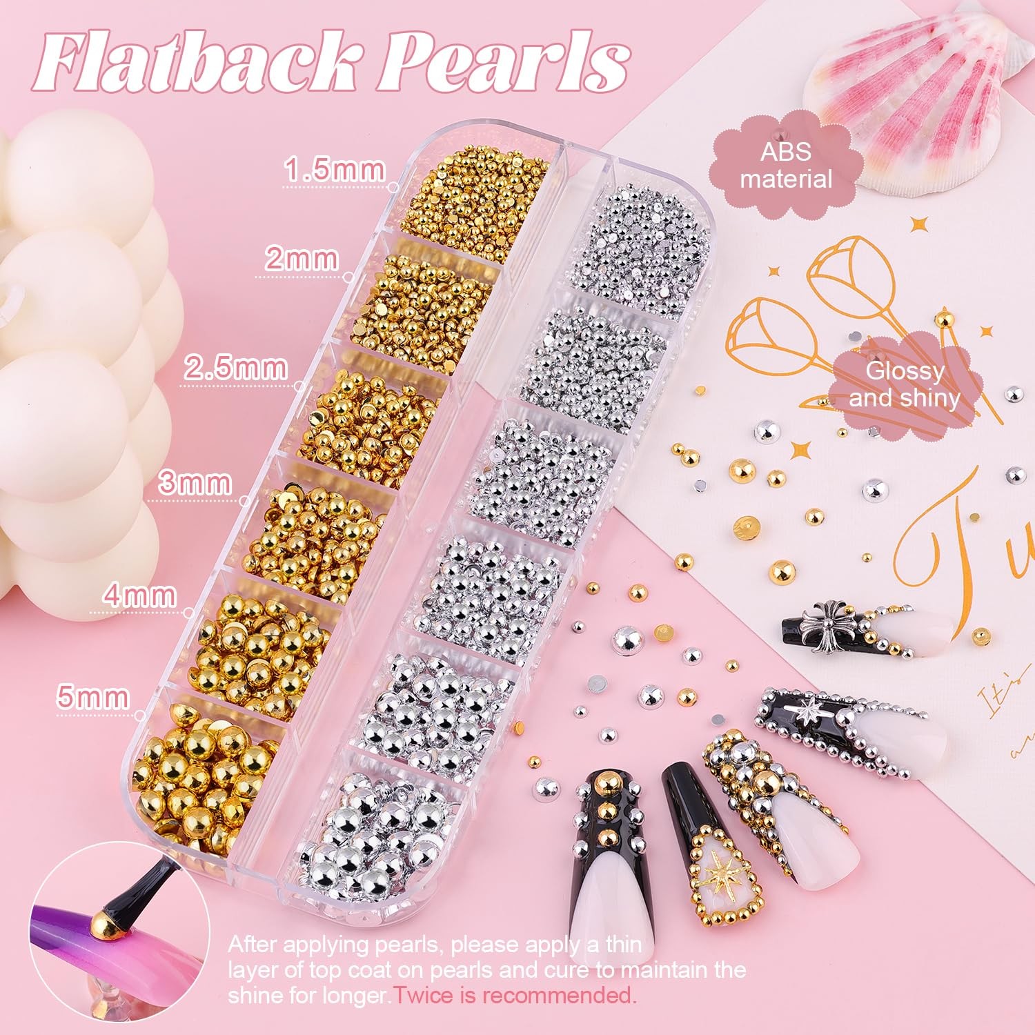 Silver and Gold Nail Charms and Gems, 1.5-5mm 04 Nail Pearls(Gold+Silver) Set 3