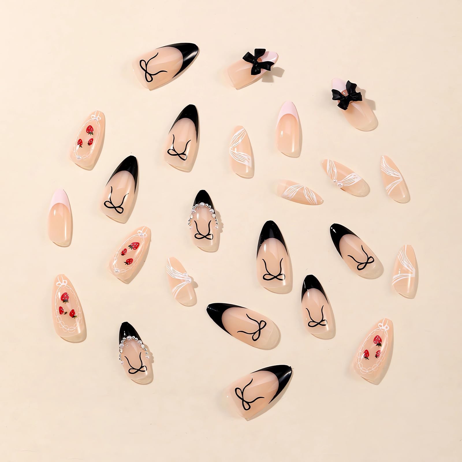 Black French Tip Press on Nails Medium Almond Shape Fake Nails Full Cover Fal…