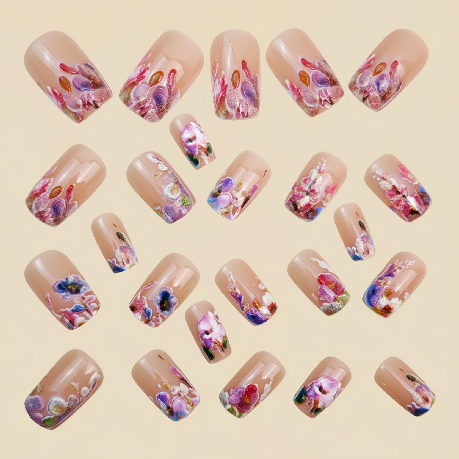 Flower Press on Nails Medium Square Fake with Floral Medium, pink