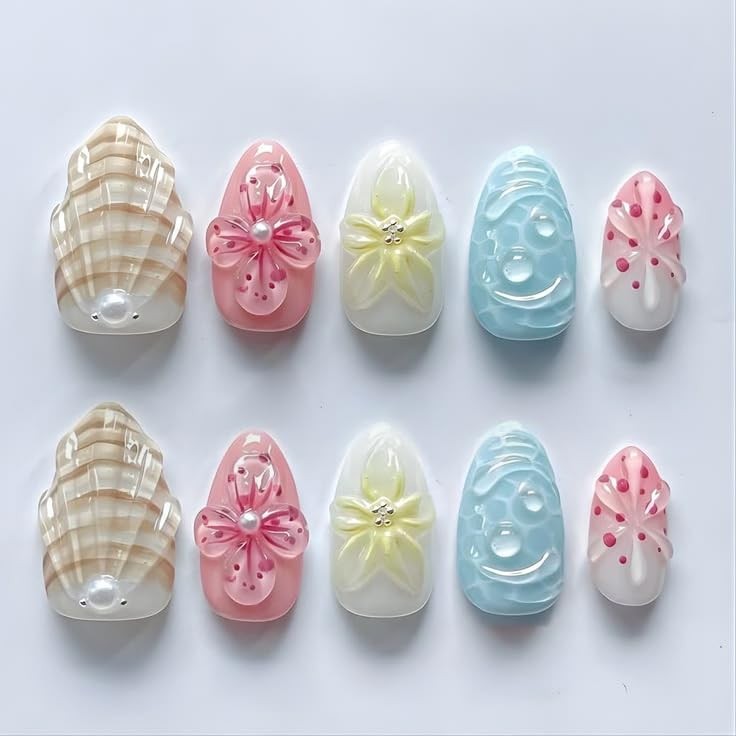 30Pcs Summer Beach Press On Nails Short Almond Fake Nails with 3D Flower Shel…