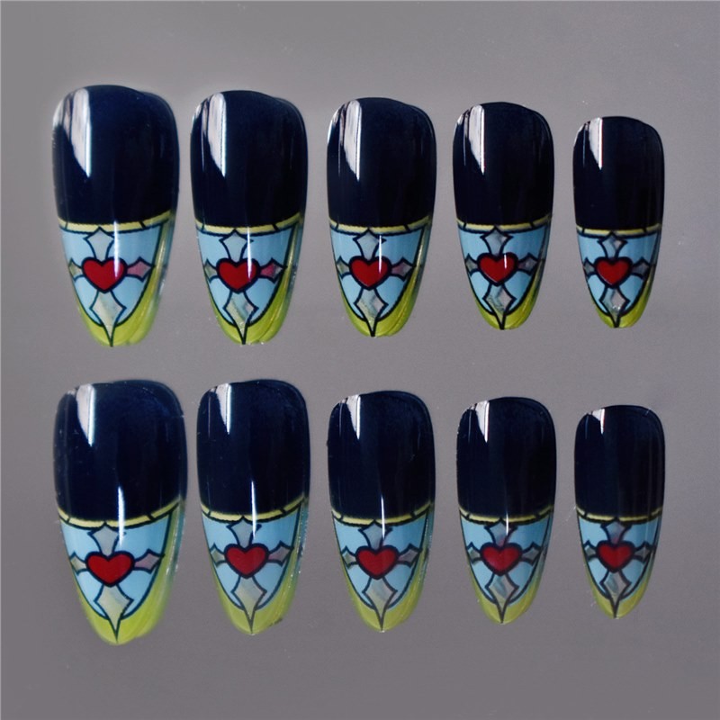 Almond Black Nails Stained Glass Heart Pattern Press On Nails Wholesale