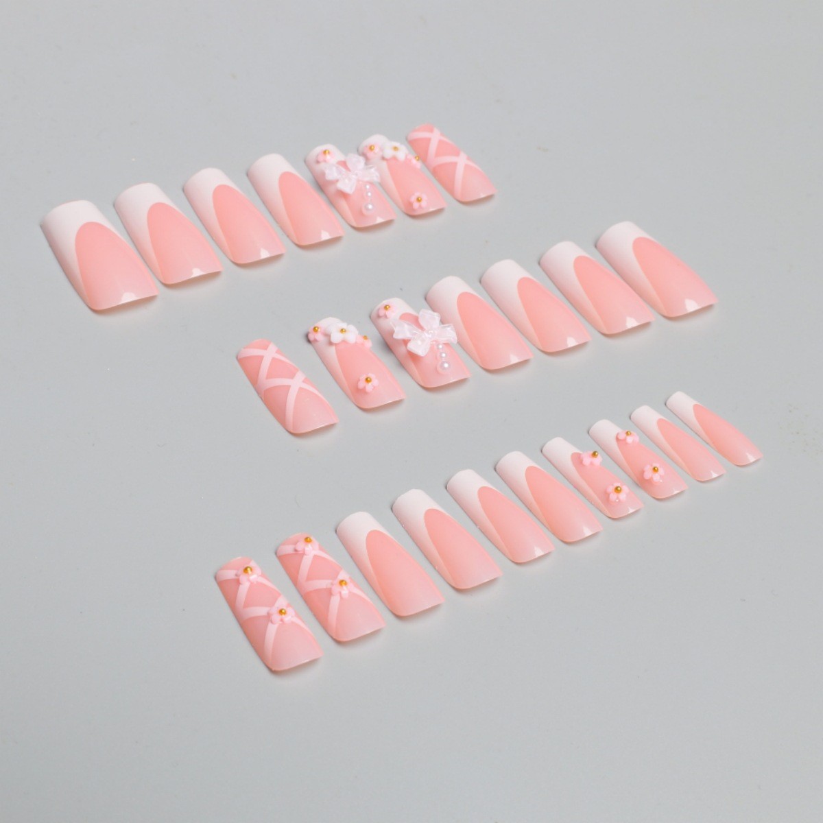 24x French Press on Nails Medium Rhinestone Pink Fake Nails Almond Bling Glossy