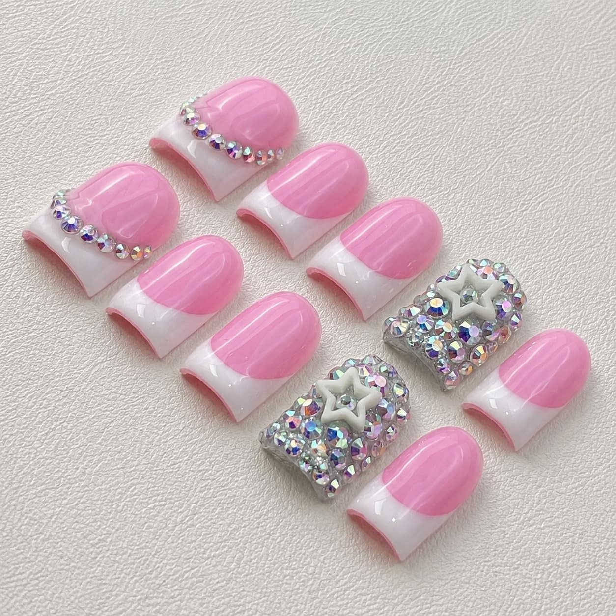 Medium Square Press On Nails Pink White French Glitter Rhinestone Fake Nails