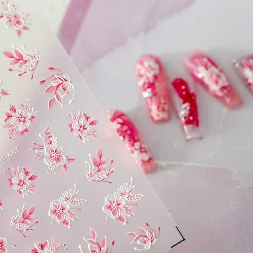 Flowers Nail Art Stickers 5D Embossed Pink Flower Nails Sticker Self Style-31