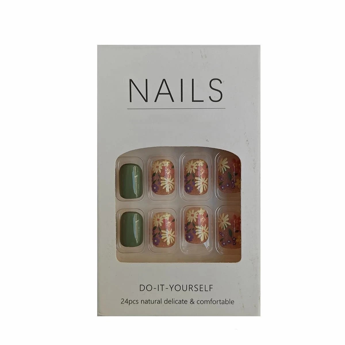 S.A.V.I 24 Pcs Short Natural Nude & Green Floral Press On Nails | Reusable DIY