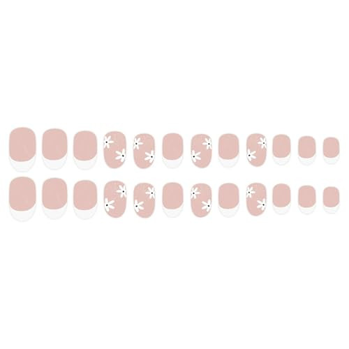 Flower Press on Nails Short Oval SWEKKE White French Tip Fake Almond Nails30
