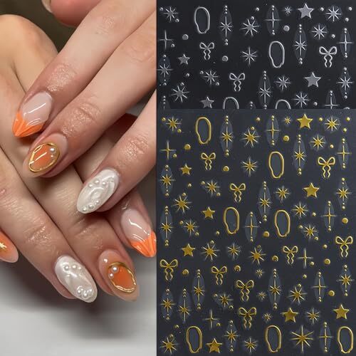 8 Sheets Star Nail Art Stickers Decals 3D Gold Silver Purple Laser Star Bow
