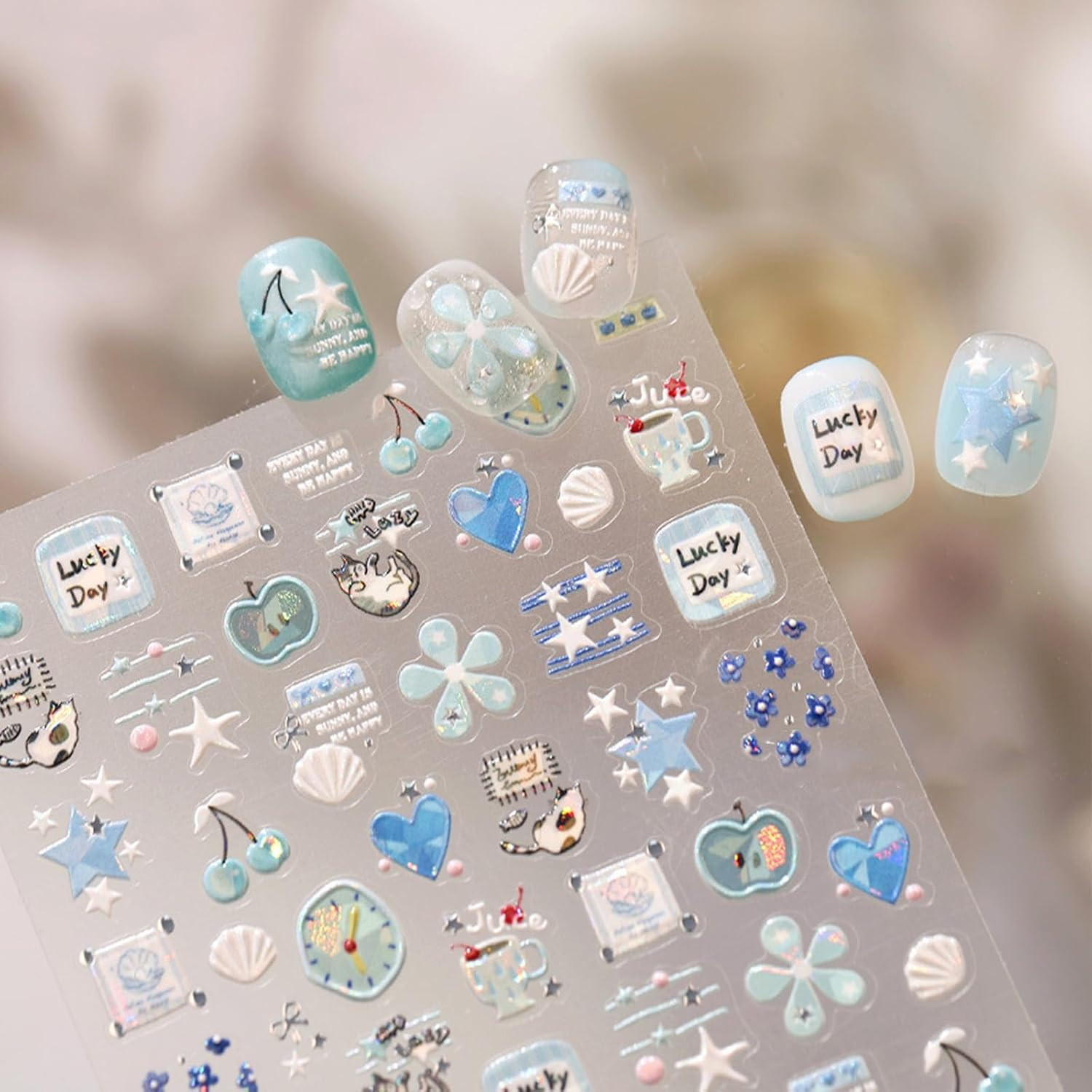 Blue Nail Art Stickers Heart Clock Nail Decals Summer Nail Stickers 1Sheets | Cu
