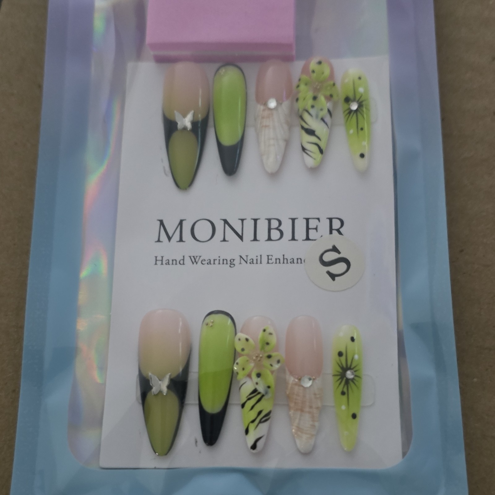 MONIBIER 3D Flower Butterfly Stiletto Press-On Nails Green Black Full Cover