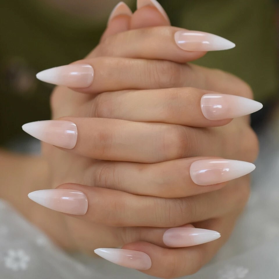 Ombre French Tip Press On Nails Stiletto White Nude Baby boomer pointed classic