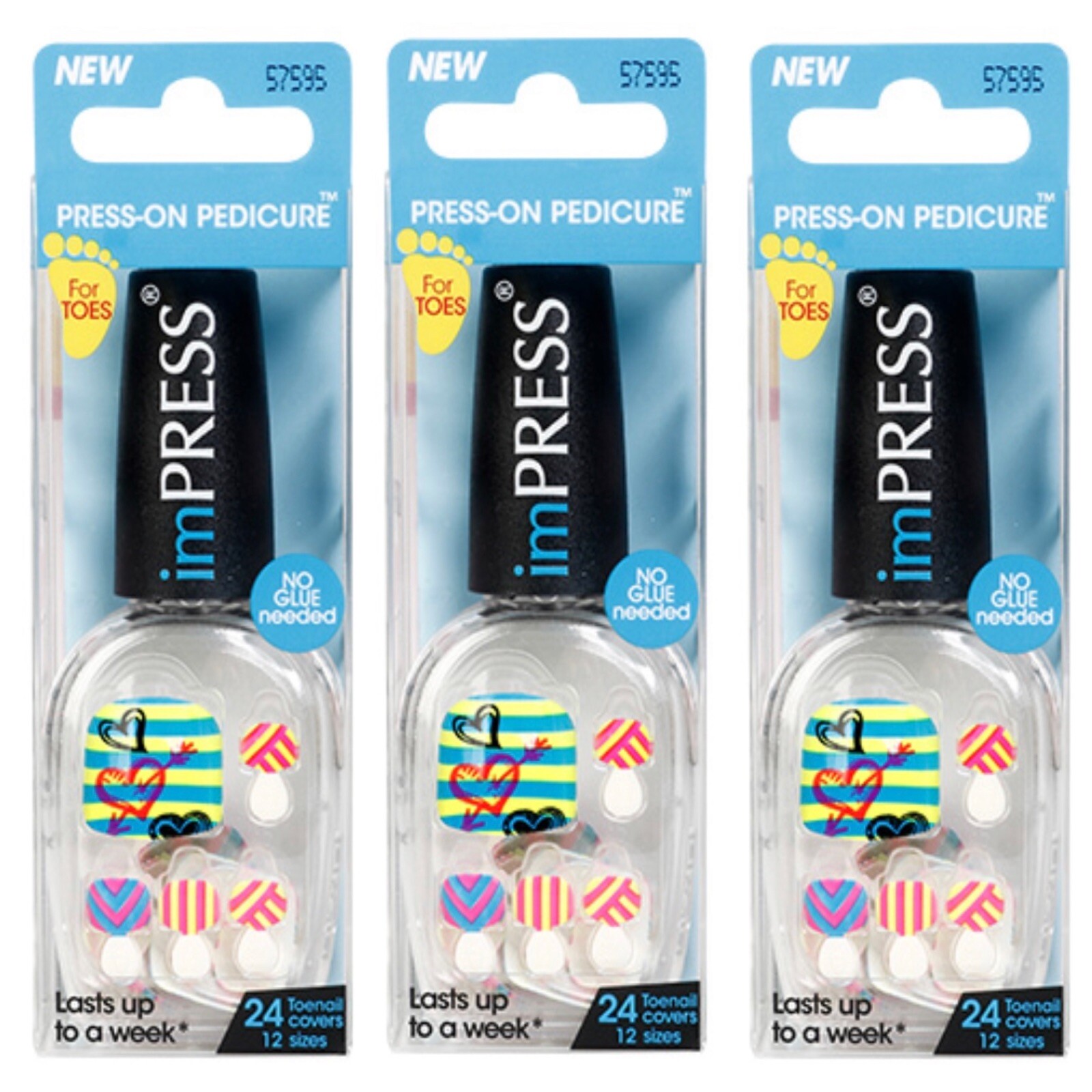 Kiss ImPress Press-On Pedicure Toenails (Mystery Girl- Fun Vivid Colors) x3