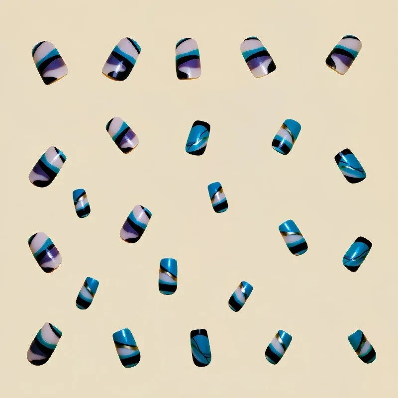 24PCS Green Striped Press on Nails Short Square Gradient Fake Nails