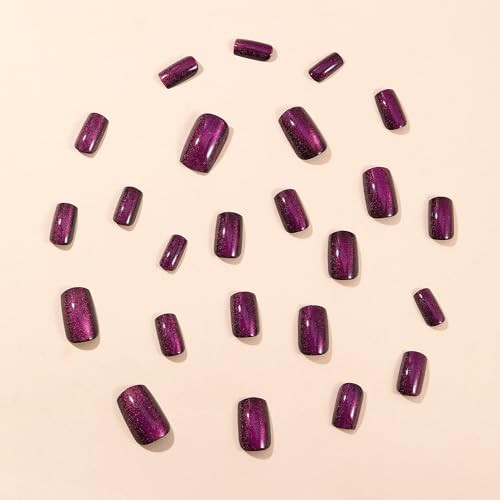 Glitter Dark Purple Cat Eye Press on Nails Medium Square Fake Nails Glossy