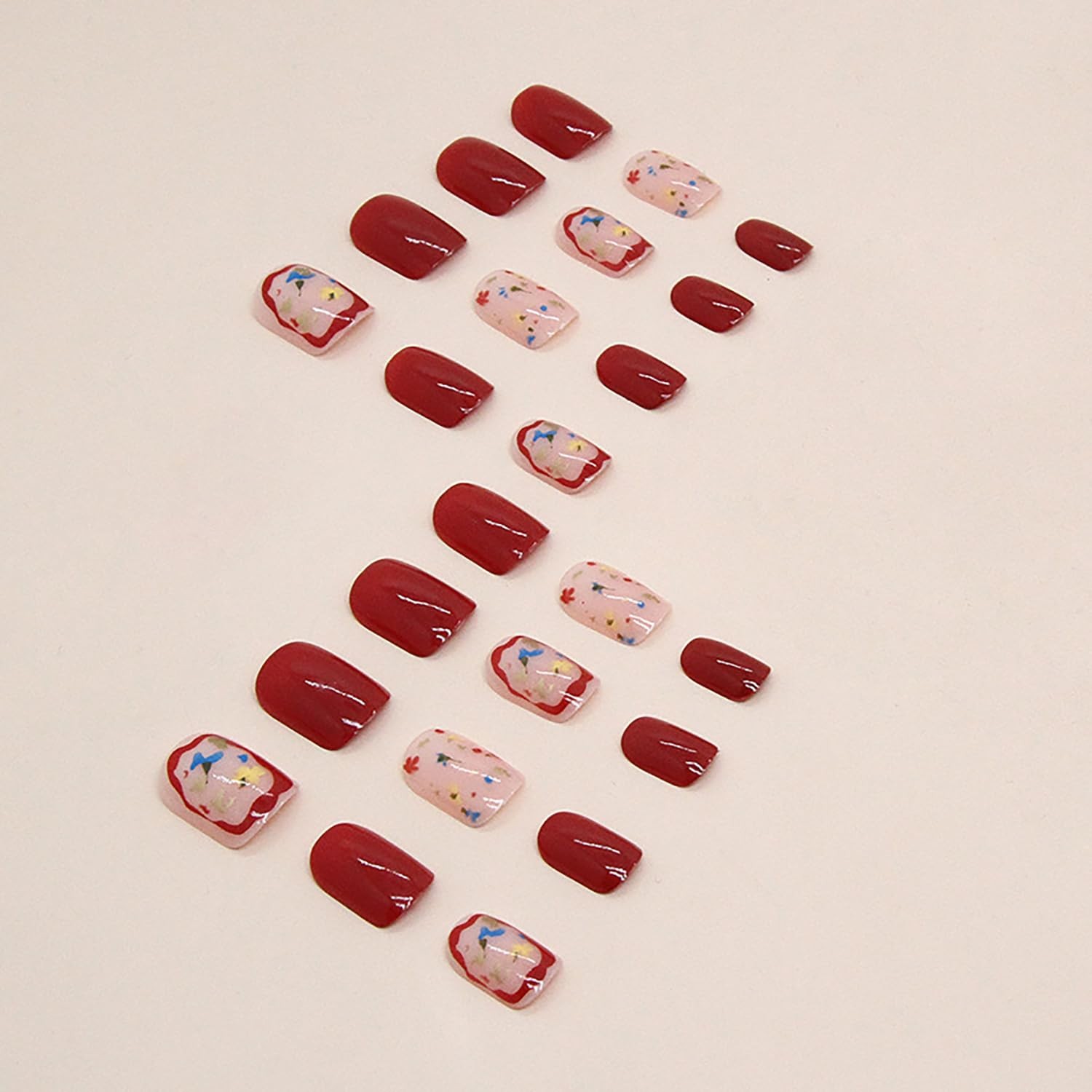 LYLYNB 24pcs Wine Red Floral Square False Nails Glossy Full Cover Set