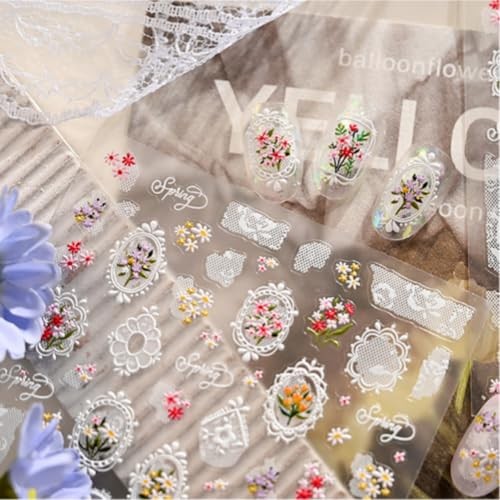 Flower Nail Stickers White Lace Nail Decals 5D Embossed Pink Red Floral Color 2