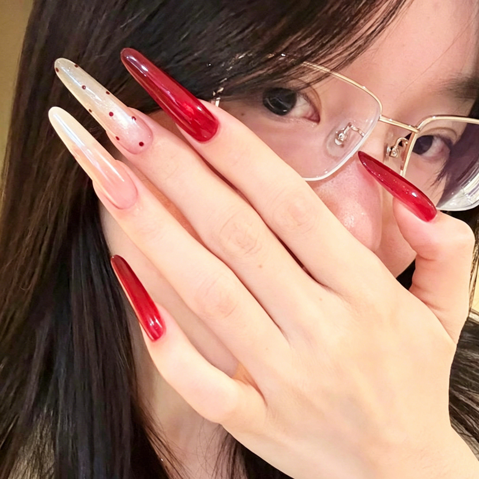 Wine Red Polka Dot Color Block Cat Eye Press On Nails, Skin-Flattering & Versati